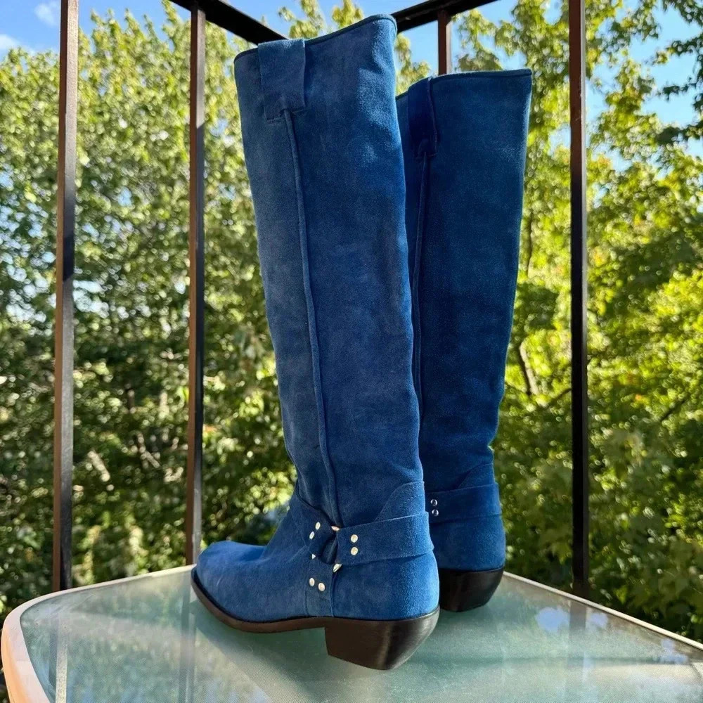 New Free People Suede Knee-High Moto Boots Lockhart Blue Womens Size 6 - Picture 8 of 16